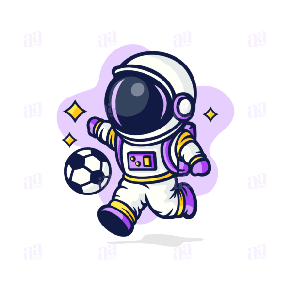 Cute cartoon astronaut playing football, vector illustration.