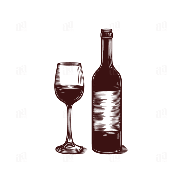 Vintage Hand Drawn Wine Glass And Bottle Illustration, winery vector illustration.